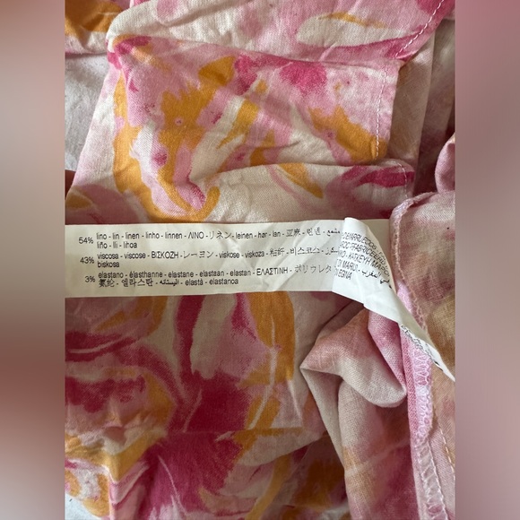 ZARA Pink Orange Floral Tropical Linen Blend Shirt Dress Size S - Picture 6 of 10